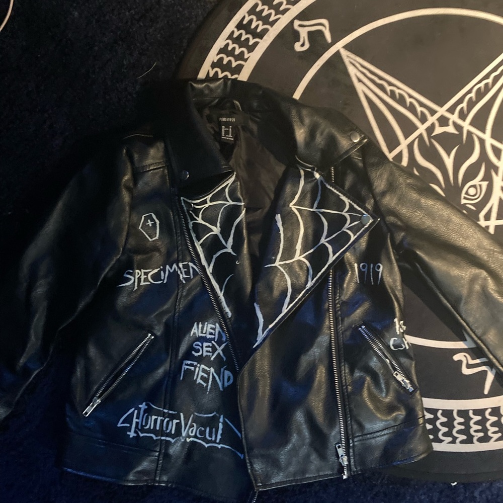 Forever 21 Painted Goth Jacket many goth bands painted on spiderwebs